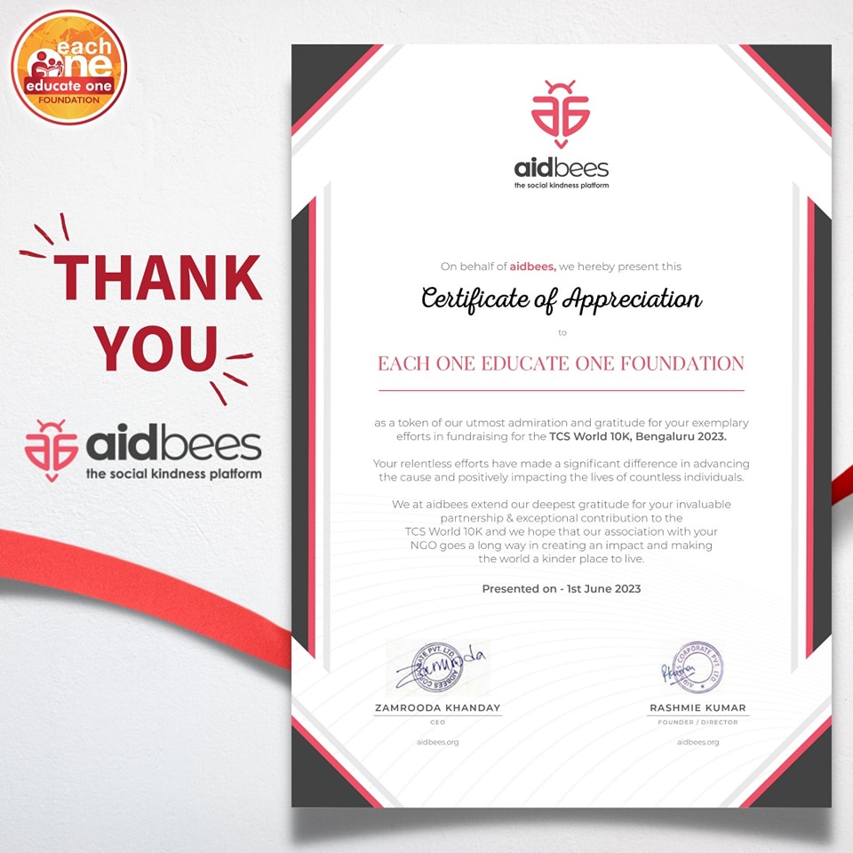 Certificate of Appreciation from aidbees 